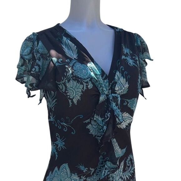 MSK Midi Dress Women's Sz 10 Brown Teal Floral Twist Front Ruffle Flutter Sleeve - Picture 10 of 16